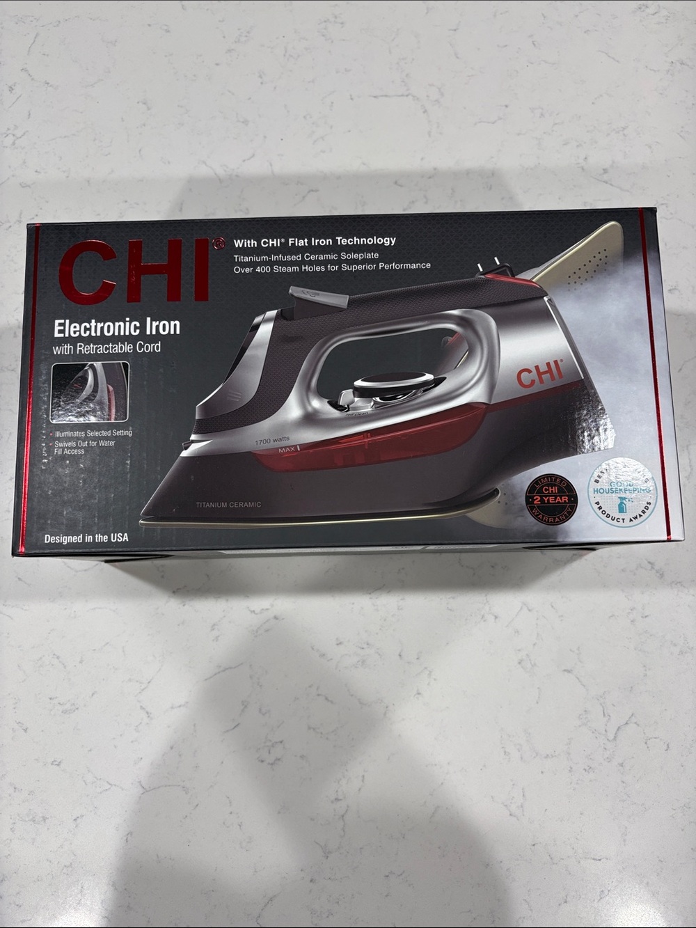 CHI Red and Silver Electronic Iron with Retractable Cord